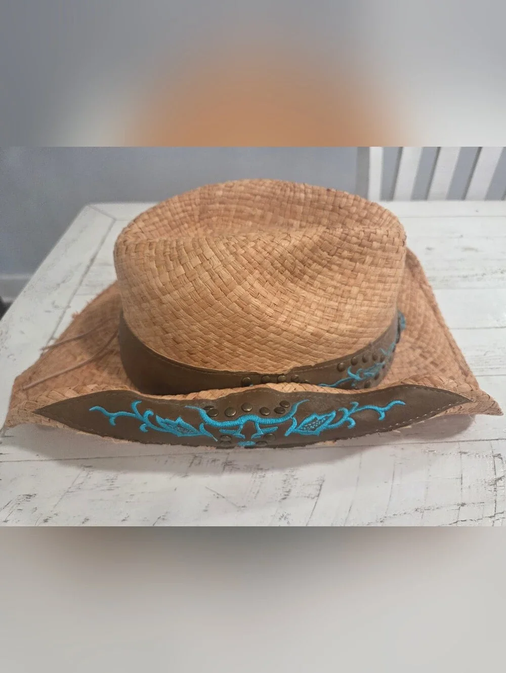 Run a Muck Collection Straw Western Hat with Turquoise Details